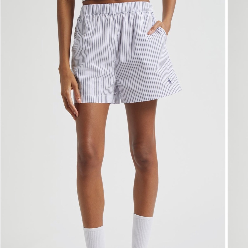 NWT! Sporty & Rich SRC Embroidered Navy and White Striped Poplin Shorts